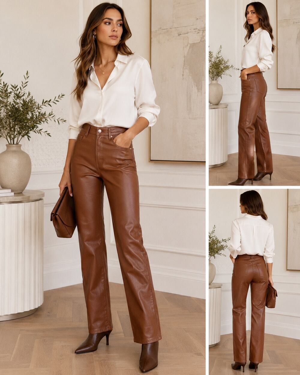 Wilfred Aritzia Cognac Faux Leather Straight Leg Pants High Rise Vegan Leather 2